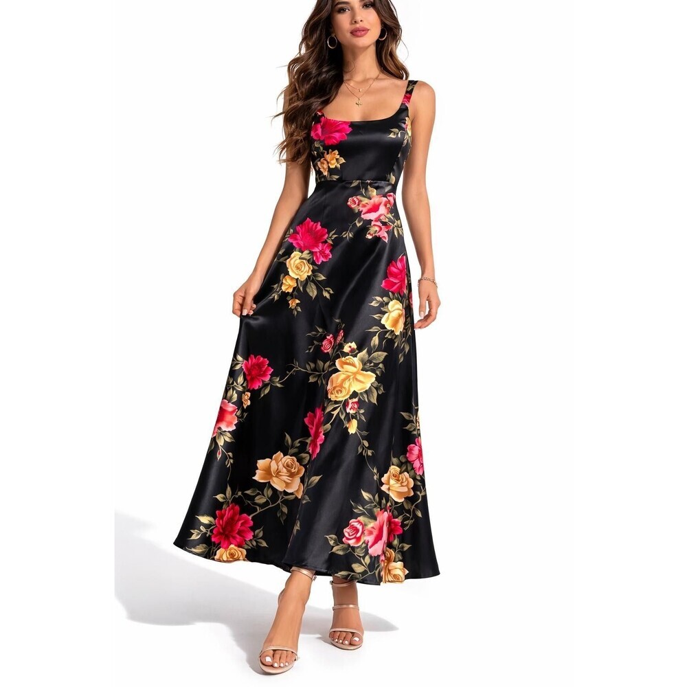 Mimosa Vintage Y2K Women's Floral Midi Roses Dress Size Small Black Pink